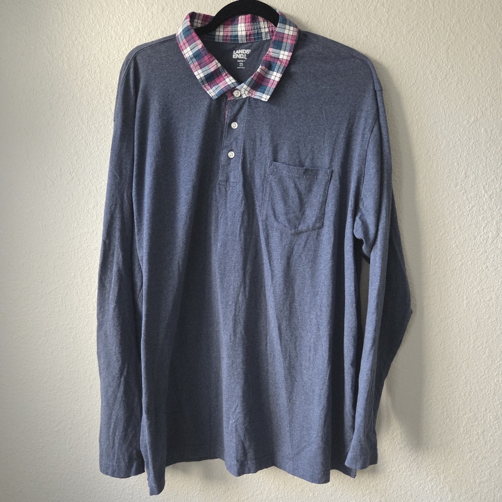 Lands End Super-T Longsleeve Blue Red Plaid Collar Buttons Mens XXL 100% Cotton